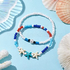 Summer Beach Starfish Synthetic Turquoise & Pearl Bracelet Sets&nbsp;BJEW-JB10347-01