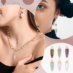 6Pcs 6 Styles Top Golden Plated Opalite & Natural Tiger Eye & Aventurine & Labradorite & Rose Quartz & Amethyst Pointed Pendants&nbsp;G-BC0001-63