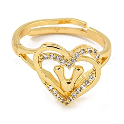 Heart with Letter Rack Plating Brass Micro Pave Clear Cubic Zirconia Adjustable Rings for Women&nbsp;RJEW-I105-01G-V