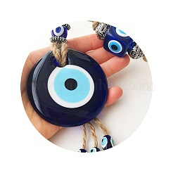 Flat Round with Evil Eye Glass Tassel Pendant Decorations&nbsp;EVIL-PW0002-17