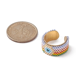 Glass Seed Beaded Evil Eye Open Cuff Rings&nbsp;RJEW-MZ00007