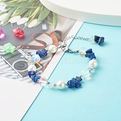 Natural Lapis Lazuli(Dyed) Chip Beaded Bracelet for Girl Women&nbsp;BJEW-TA00019-04