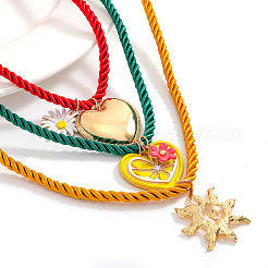 Alloy Enamel Heart Sun Flower Pendant Twisted Round Cotton Cord 3 Layer Necklaces for Women&nbsp;WG294C6-01