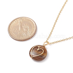 Flat Round Copper Wire Wrapped Natural Gemstone Pendants Necklace&nbsp;NJEW-JN03928