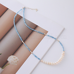 Natural freshwater pearl sea blue topaz sugar cube S925 silver necklace.&nbsp;QC9157