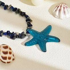 Bohemian Summer Beach Resin Starfish Pendant Natural Sodalite Chip Beaded Necklaces&nbsp;WGA12D3-01