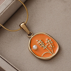 316 Surgical Stainless Steel Enamel with Imitation Pearl Flower Pendant Necklaces for Women&nbsp;JX9312
