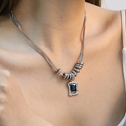 Natural Black Agate(Dyed & Heated) 304 Stainless Steel Rectangle Pendant Necklaces for Women&nbsp;WG07BA4-01