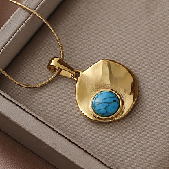 304 Stainless Steel with Dyed Synthetic Turquoise Disc Pendant Necklaces for Women&nbsp;ON4830