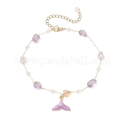 Brass Handmade Natural Amethyst Nuggets Link Chain Alloy Enamel Whale Tail Pendant Anklets for Women&nbsp;AJEW-AN00709-03