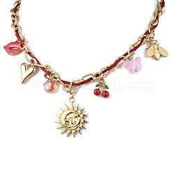 304 Stainless Steel Sun Heart Bees Red Enamel Lip Cherry Pendant Dark Red Cord Necklaces for Women&nbsp;NJEW-A063-09G