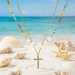 Summer Beach Rainbow Natural Mixed Stone and White Shell Heart Beaded Double Layer Necklaces with Stainless Steel Religion Cross Pendant&nbsp;EX6128-1