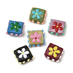 Handmade Lampwork Enamel Beads, Bumpy Square with Flower, Mixed Color, 17.5x17.5x7mm, Hole: 1~1.5mm