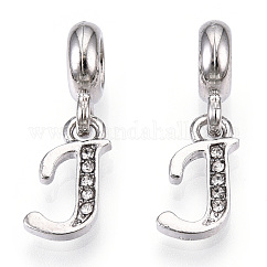 Platinum Rack Plating Alloy Rhinestone European Dangle Charms, Large Hole Pendants, Letter, Cadmium Free & Lead Free, Letter.J, 23~27mm, Hole: 4.5mm, Pendants: 13~16.5x6~14x2mm, hole: 2mm