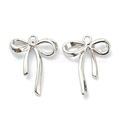 Alloy Pendants, Bowknot Charms with Rhinestone, Platinum, 26x20x4mm, Hole: 1.6mm