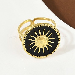 Flat Round with Sun Pattern 304 Stainless Steel Enamel Finger Rings for Women&nbsp;RJEW-G355-05G