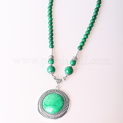 Vintage Alloy with Dyed Synthetic Turquoise Bohemian Flat Round Pendant Round Beaded Necklaces for Women&nbsp;DH5504-4