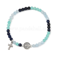 Gradient Natural Mixed Stone Faceted Round Beaded Stretch Bracelets with Alloy Saint Benedict Medal&nbsp;BJEW-JB14401-01