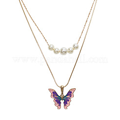 Alloy Enamel & Round Imitation Pearl Double Layered Butterfly Pendant Necklaces for Women&nbsp;WG304A4-01