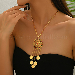 Vintage Ethnic Alloy Pave Cubic Zirconia Coin Tassel Pendant Necklaces for Women&nbsp;ML0502