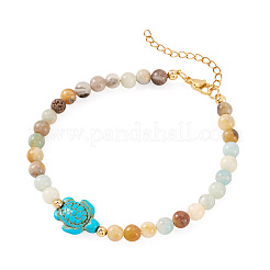 Ocean Dyed Synthetic Turquoise Turtle & Natural Flower Amazonite Round Beaded Anklets&nbsp;AJEW-TA00062