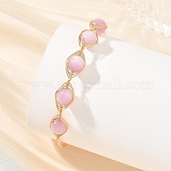 Natural Kunzite Horse Eye Herringbone Wire-Wrapped Open Cuff Bangles&nbsp;BJEW-JB14460