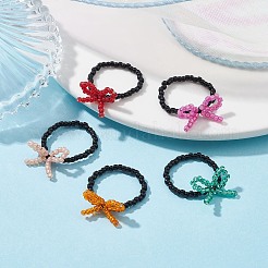 Glass Seed Beaded Bowknot Stretch Finger Rings&nbsp;RJEW-MZ00012