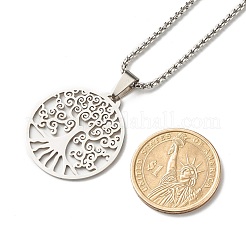 Non-Tarnish Flat Round with Tree of Life Pendant Necklace for Girl Women&nbsp;NJEW-JN03711