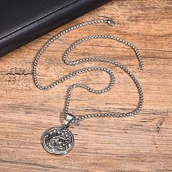 Stainless Steel Dragon Round Pendant Box Chain Necklaces for Men&nbsp;PW-WG0759A-01
