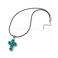 Glass Seed Beads & Synthetic Blue Goldstone Beaded Cross Pendant Necklaces&nbsp;NJEW-MZ00103-04