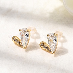 Brass Micro Pave Clear Cubic Zirconia Heart Stud Earrings&nbsp;EJEW-C158-04G