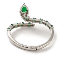Brass Pave Green & Clear Cubic Zirconia Snake Open Cuff Bangle for Women&nbsp;BJEW-K246-10P