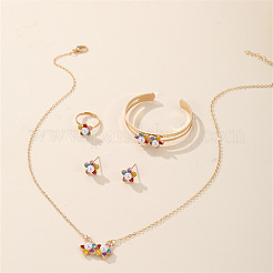 Flower Alloy Enamel Pendant Necklaces & Rings & Cuff Bangle & Stud Earrings Sets for Kids&nbsp;FS-WGD9166-01