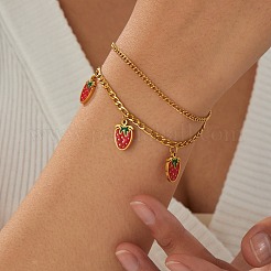 304 Stainless Steel Enamel Red Strawberry Charm 2-Strand Bracelets for Women&nbsp;WG018B1-01