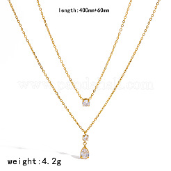 304 Stainless Steel Pave Clear Cubic Zirconia Teardrop Pendant Double Layer Necklaces for Women&nbsp;WG4ACB0-02