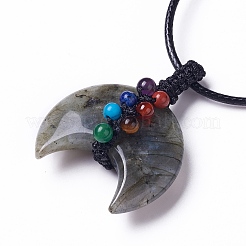 Adjustable Natural & Synthetic Mixed Gemstone Double Horn Pendant Necklace with Wax Cord for Women&nbsp;NJEW-B086-01