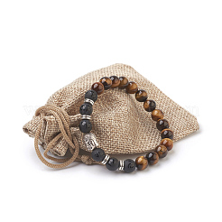 Natural Tiger Eye Beads and Natural Frosted Agate Beads Stretch Bracelets&nbsp;BJEW-JB03848-04