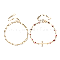 304 Stainless Steel Paperclip Chain & Handmade Lampwork Evil Eye Link Chain Double Layer Stackable Necklaces for Women&nbsp;BJEW-JB12451-02