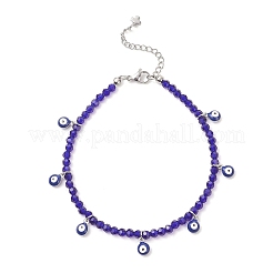 2Pcs 2 Colors 304 Stainless Steel Enamel Blue Evil Eye Tassel Glass Beaded Anklets for Women Men&nbsp;AJEW-AN00754
