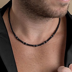 Round Matte Black Alloy & Natural Black Onyx(Dyed & Heated) Faceted Round Beaded Necklaces with Stainless Steel End Chains for Men&nbsp;GF6854