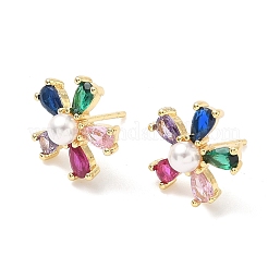 Flower Brass Cubic Zirconia Stud Earrings&nbsp;EJEW-P336-06G-01