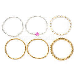 6Pcs 6 Styles Brass & Imitation Pearl Round Beads Stretch Bracelets Set&nbsp;WS3867-3