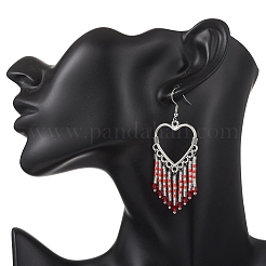 Hollow Heart Alloy & Glass Seed Beads Tassel Chandelier Earrings&nbsp;EJEW-MZ00685-02