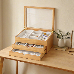 3-Tier Pine Wood Jewelry Storage Drawer Boxes with Visible Window&nbsp;CON-WH0095-222