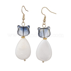 Natural Freshwater Shell & Glass Cat Shape with Teardrop Dangle Earrings&nbsp;EJEW-JE06833