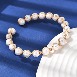 Brass Wire Wrapped Natural Pearl Open Cuff Bangles for Women&nbsp;BJEW-D453-04G