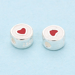 925 Sterling Silver Enamel Flat Round with Red Heart Beads&nbsp;STER-T009-22S
