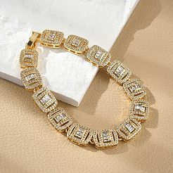 Brass Micro Pave Clear Cubic Zirconia Rectangle Link Bracelets for Women&nbsp;BJEW-C100-01G