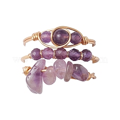 3Pcs Natural  Amethyst Bead Finger Ring&nbsp;RJEW-JR00855-02