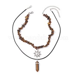 2Pcs 2 Style Natural Tiger Eye Bullet & Alloy Sun Pendant Necklaces Set&nbsp;NJEW-JN04514-03